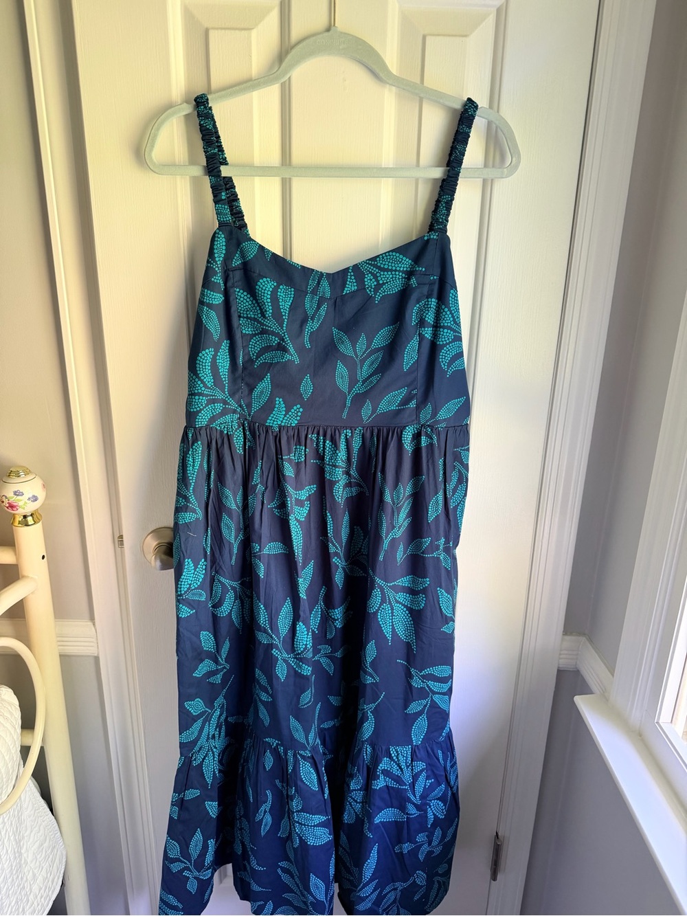 J crew Navy Blue Maxi Sundress with Teal Leaf Print